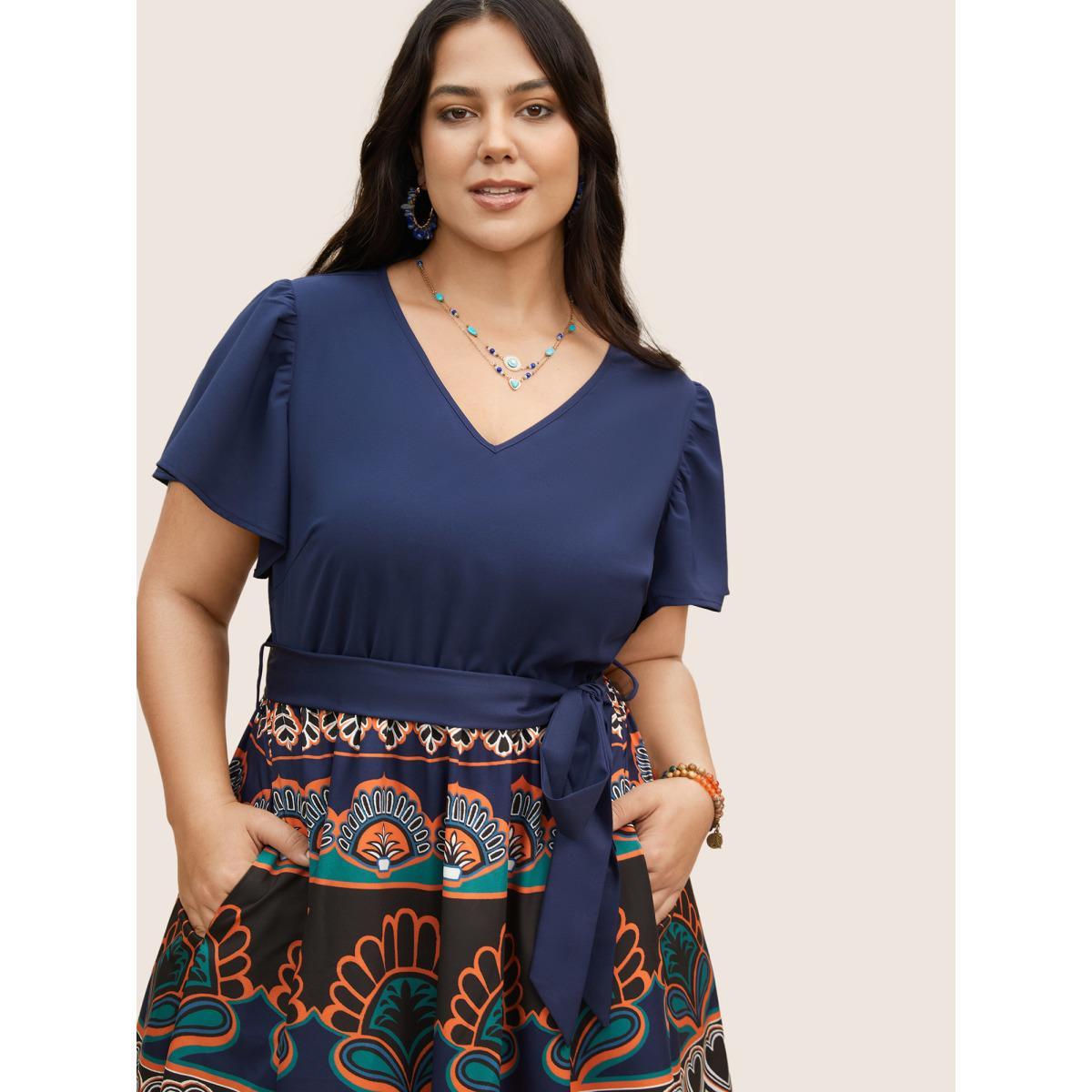 Plus Size Boho Print Patchwork Ruffle Sleeve Dress DarkBlue Women Resort Belted V-neck Short sleeve Curvy BloomChic 18-20/2X Product Image