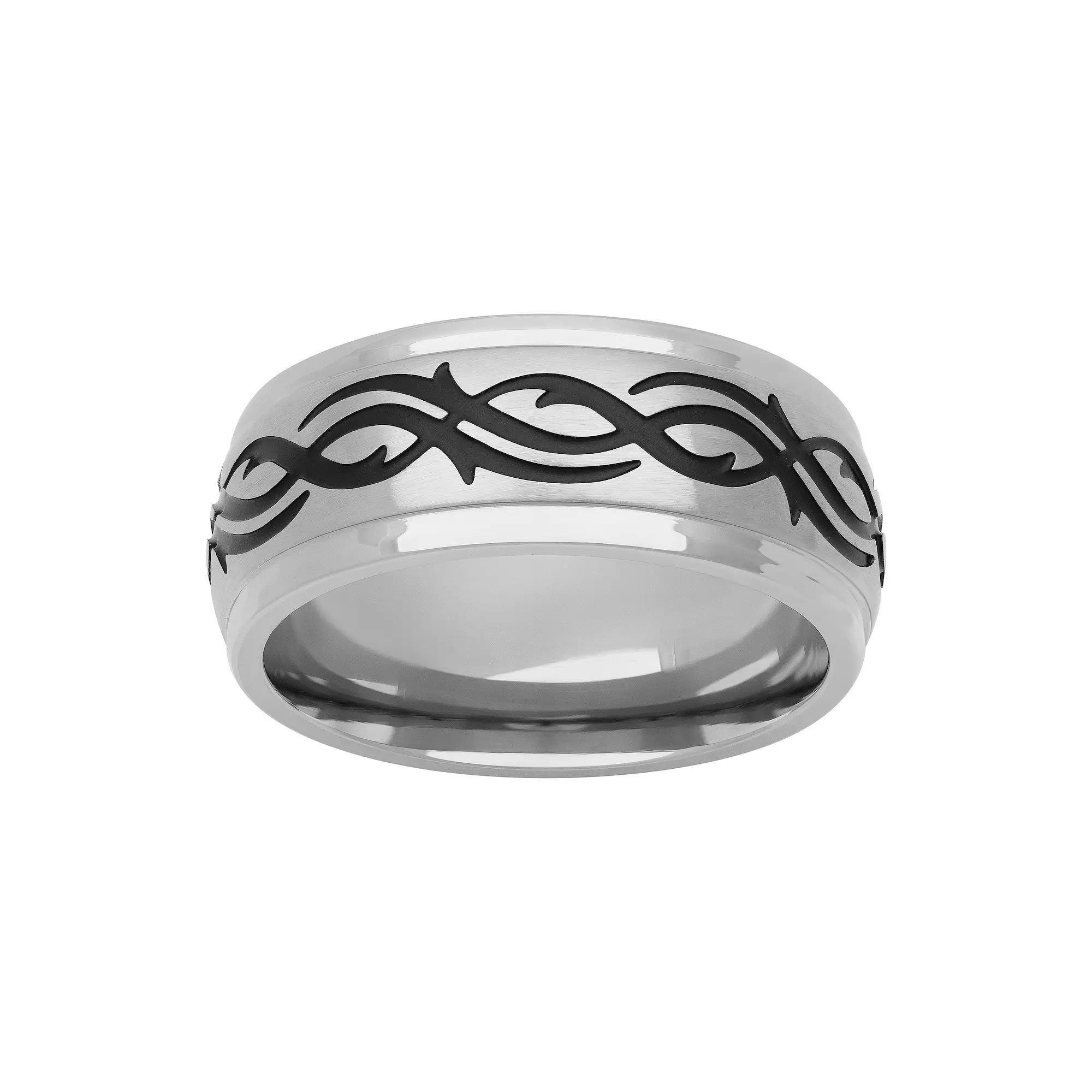 Men's Stainless Steel & Black Tribal Design Band Ring, Size: 10 Product Image