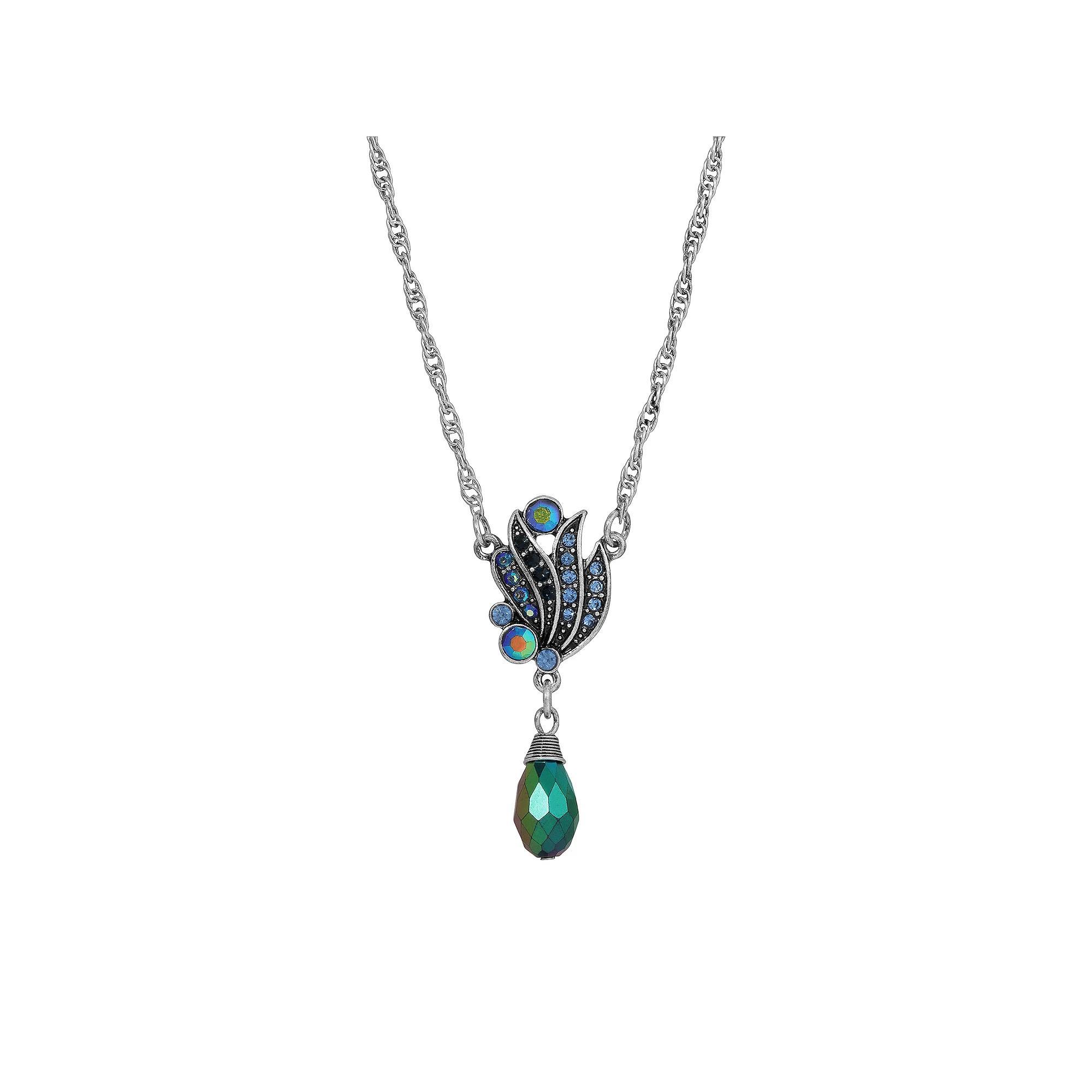 1928 Silver Tone Blue Iridescent Drop Pendant Necklace, Womens Product Image