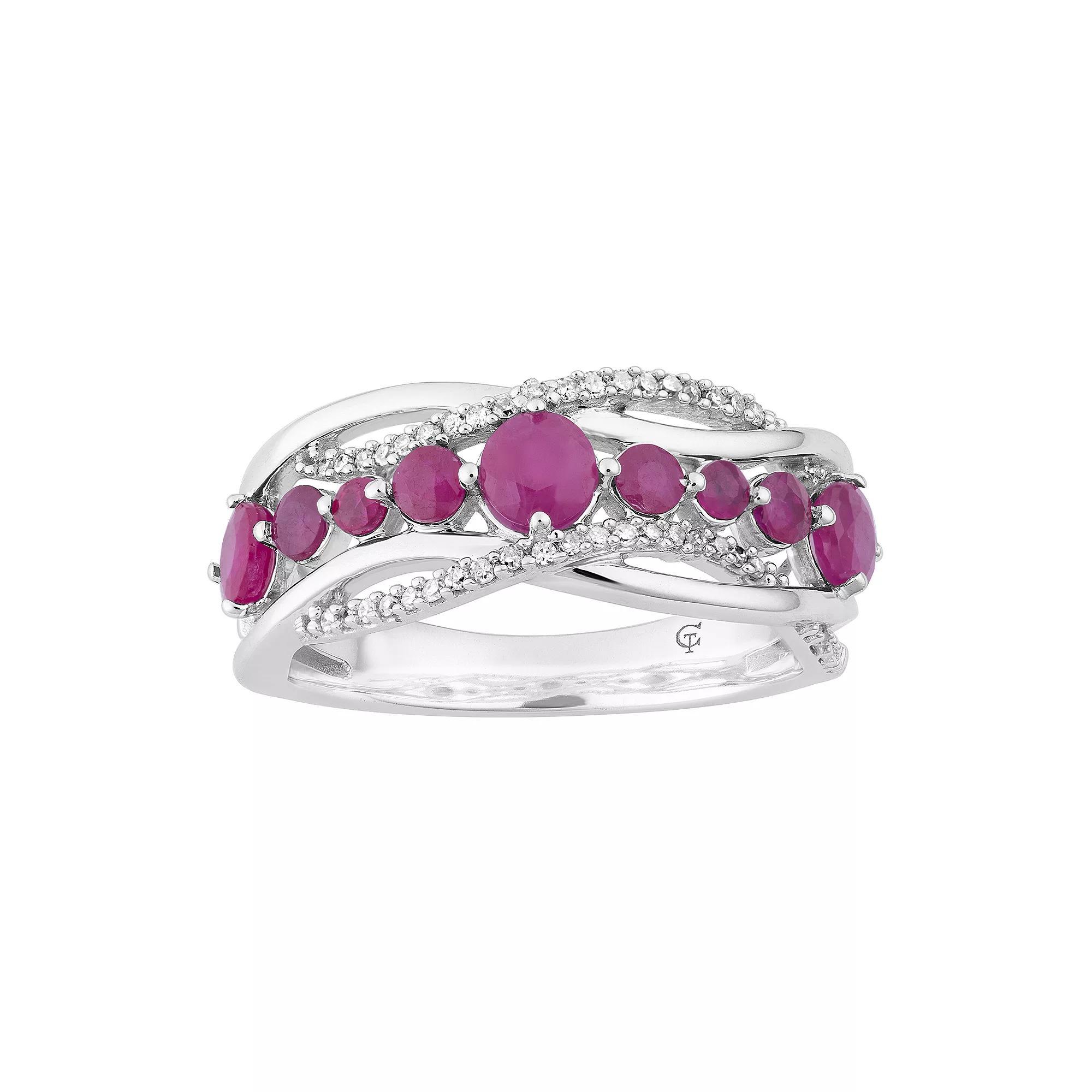 10k White Gold Ruby & 1/6 Carat T.W. Diamond Wave Ring, Women's, 10k Whgold Product Image