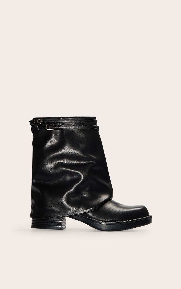 Black PU Round Toe Fold Over Buckle Strap Ankle Boots Product Image