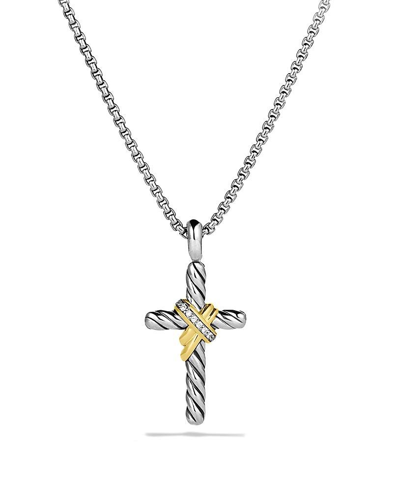 Womens X Cross Necklace in Sterling Silver with 14K Yellow Gold and Diamonds, 31.7mm Product Image
