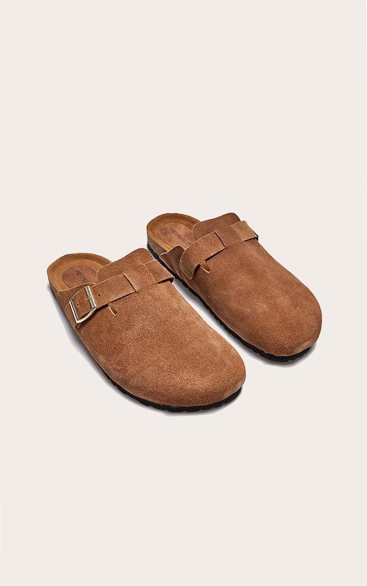 Tan Real Suede Leather Round Toe Buckle Slip On Clog Product Image