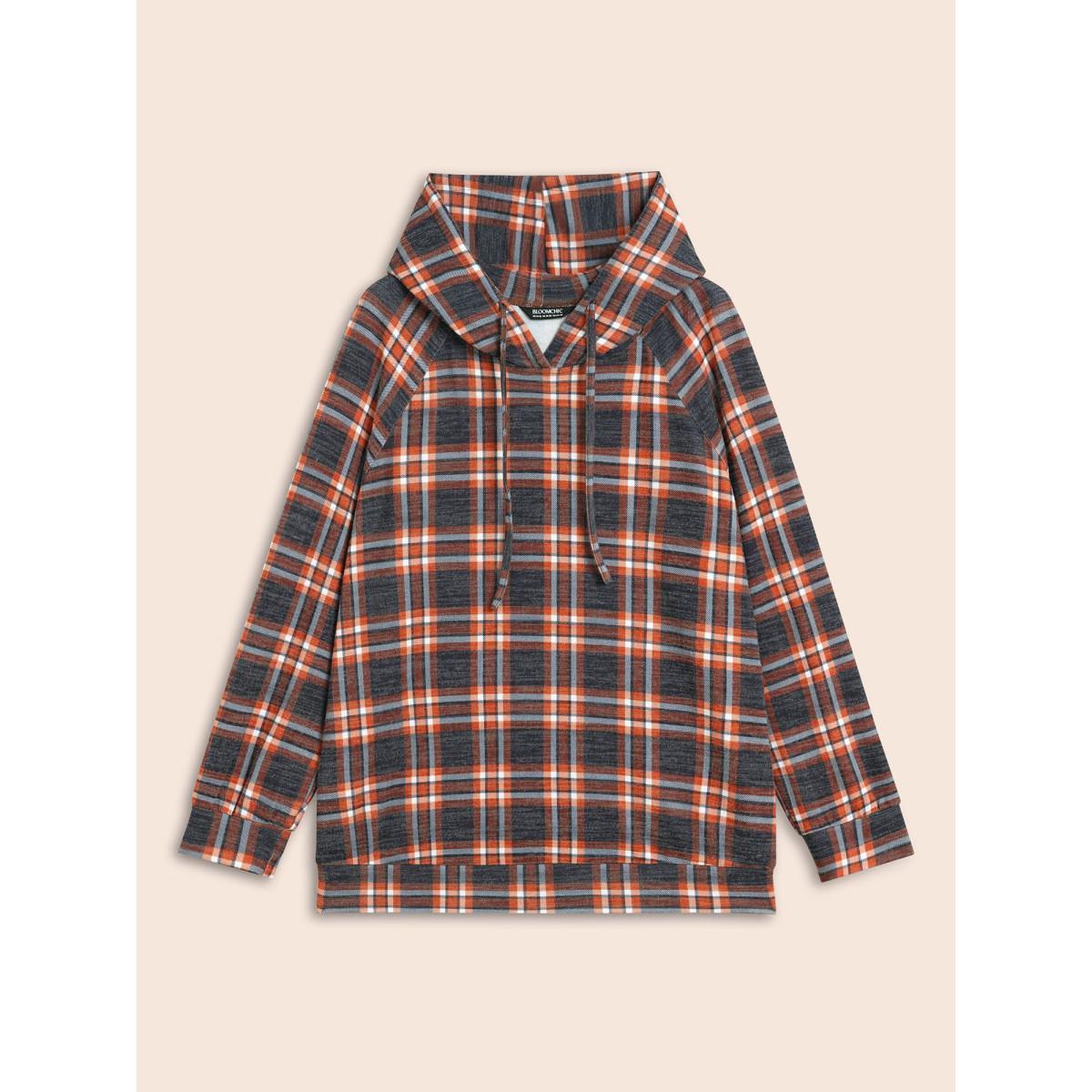 Plus Size Plaid Hooded Drawstring Raglan Sleeve Sweatshirt Women Multicolor Casual Drawstring Hooded Everyday Sweatshirts BloomChic 22-24/3X Product Image