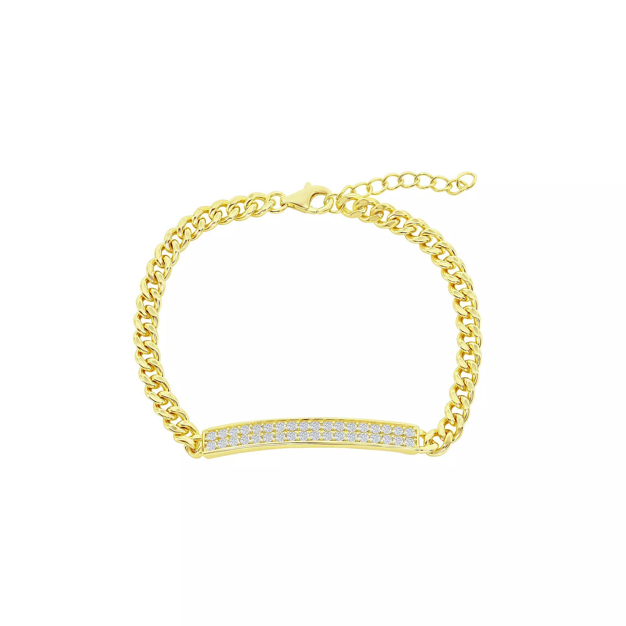 Argento Bella Sterling Silver Micro Pave ID Cuban Chain Bracelet, Women's, Size: 6.5", Gold Tone Product Image