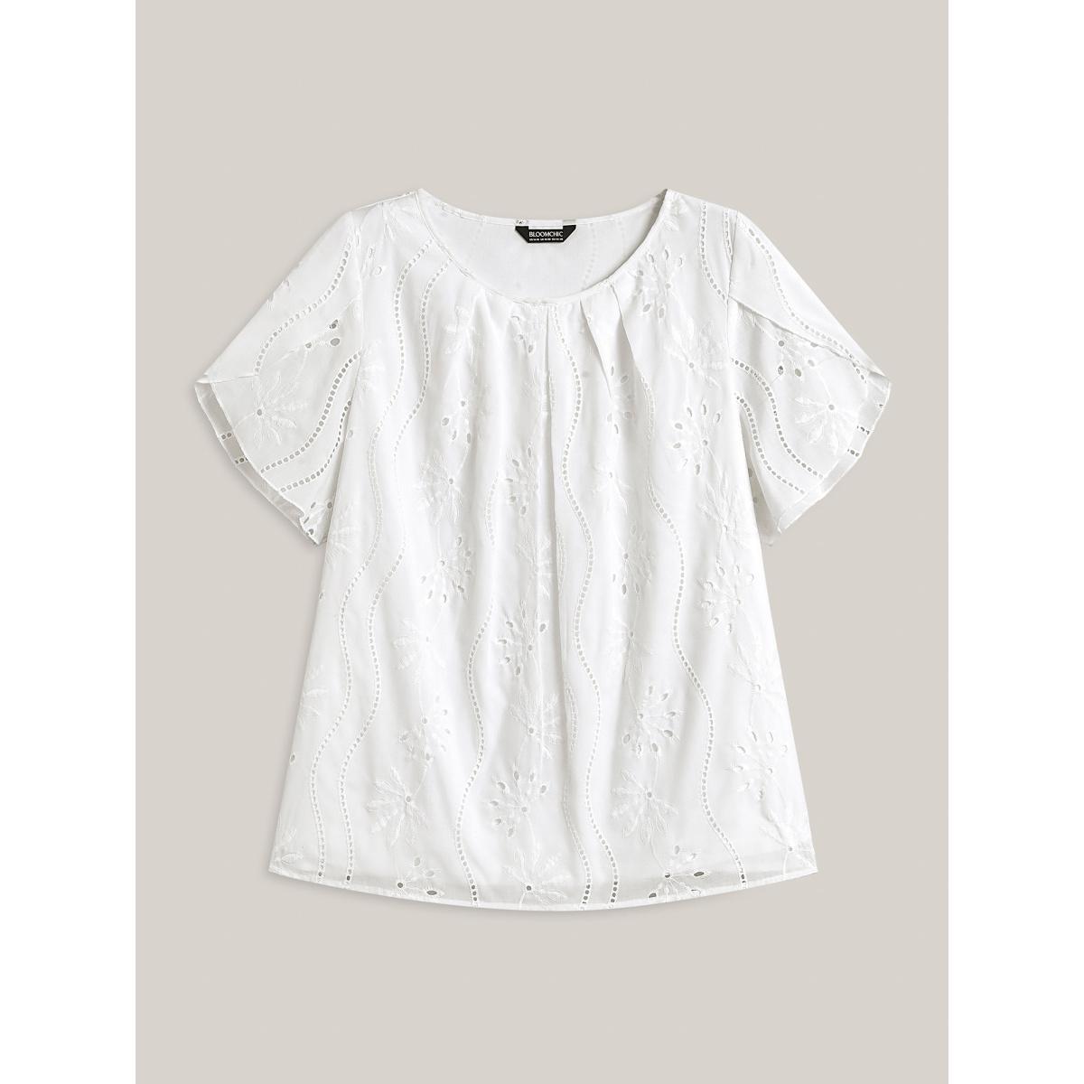 Plus Size WhiteSmoke Embroidered Eyelet Trim Pleated Shirt Women Short sleeve Round Neck Everyday-Elegant Blouses BloomChic 22-24/3X Product Image