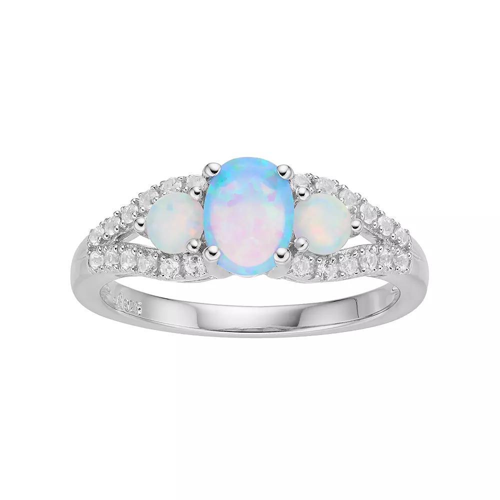 Sterling Silver Lab-Created Opal & White Sapphire 3-Stone Ring, Women's, Size: 6 Product Image