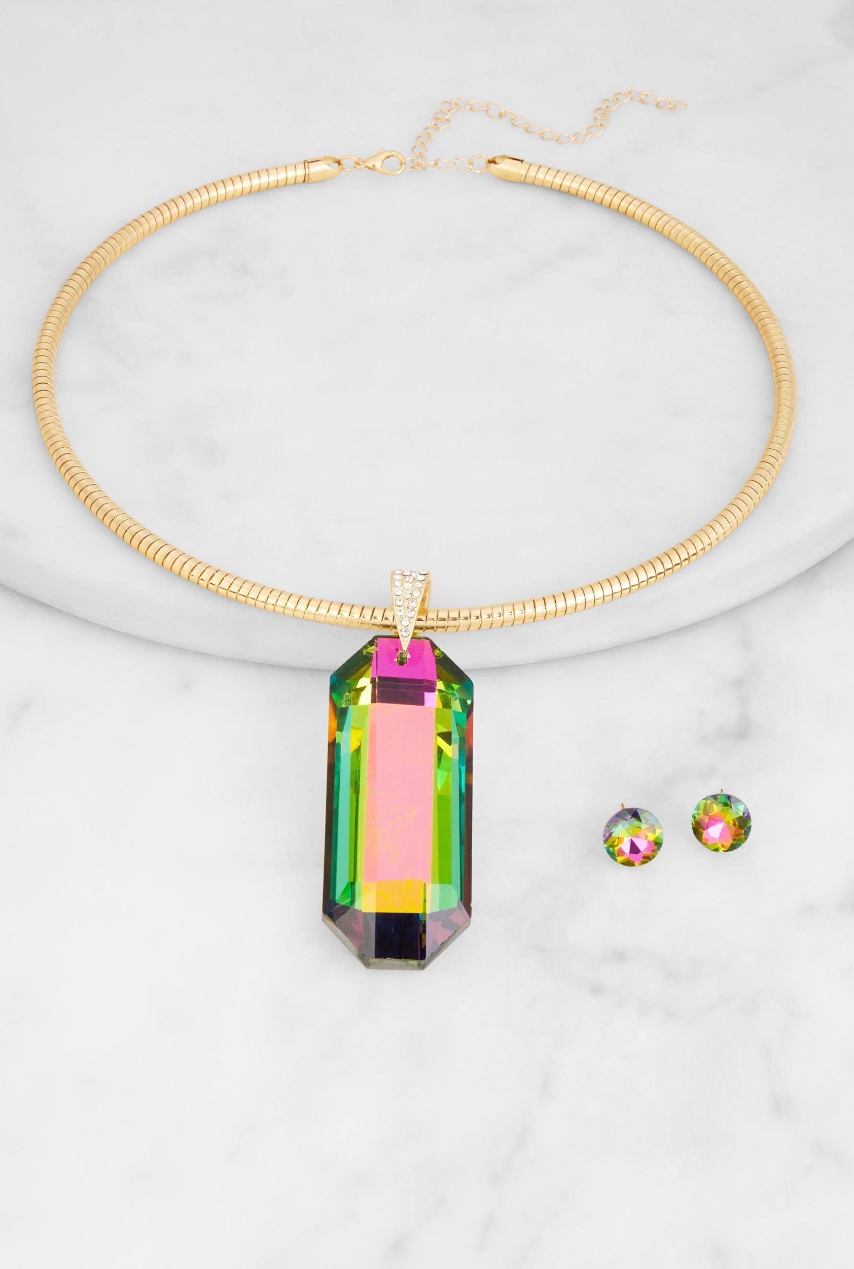 Iridescent Crystal Collar Necklace and Stud Earrings Female Product Image
