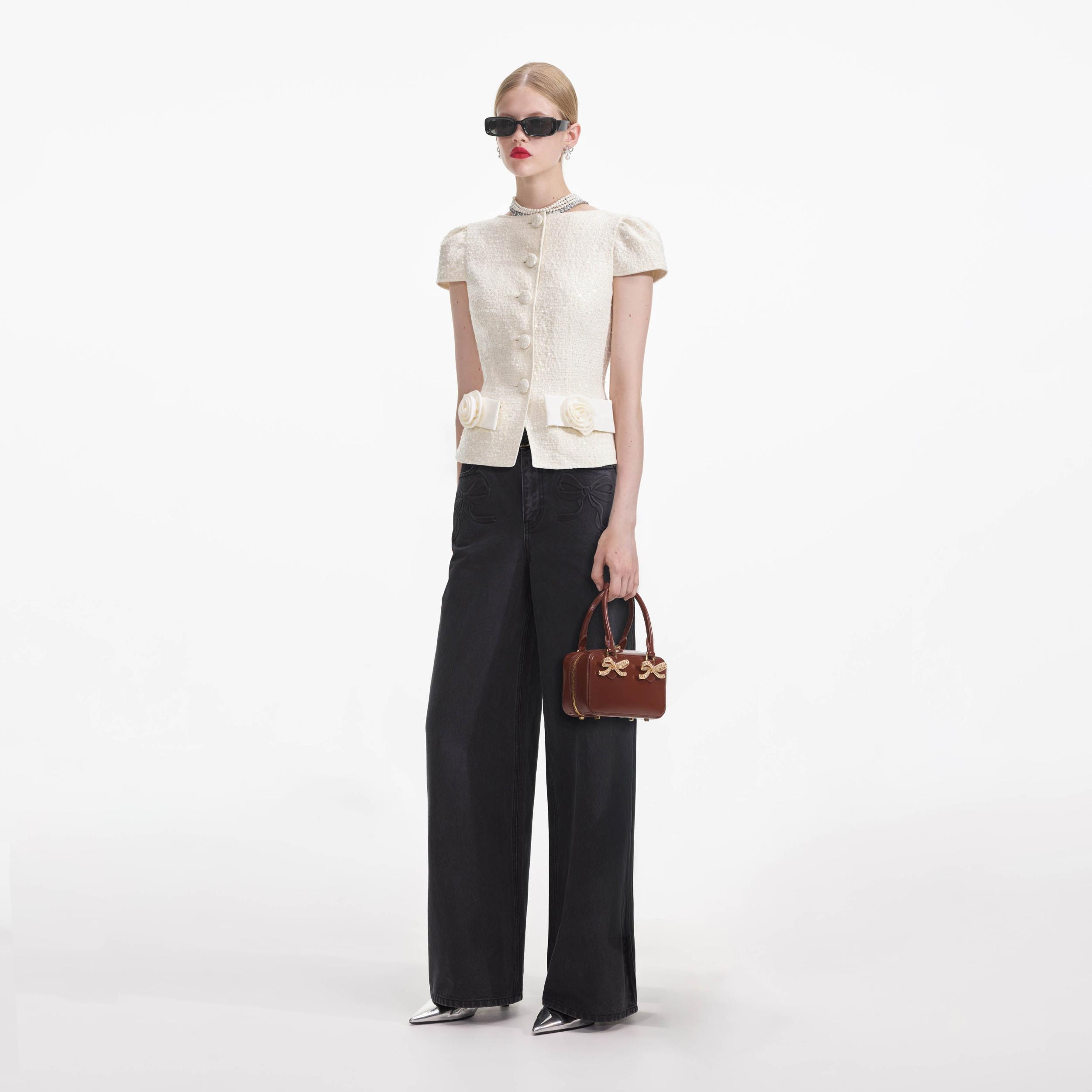 Cream Boucle Bow Detail Top Product Image