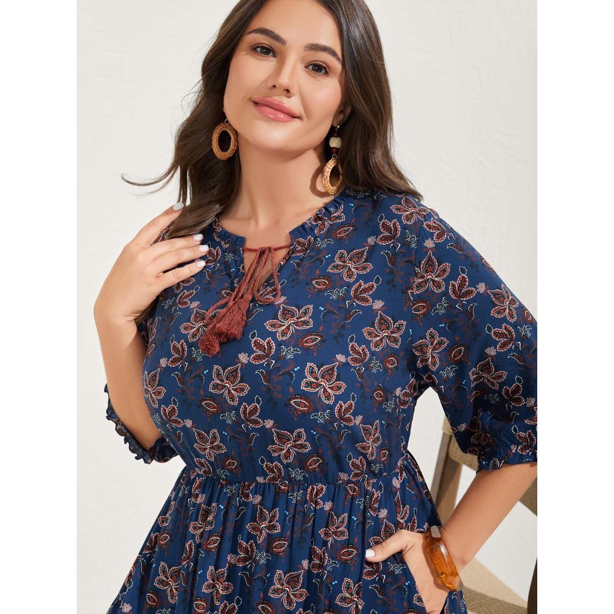 Plus Size Boho Floral Neck Tie Midi Dress DarkBlue Women Notched collar Half Sleeve Curvy BloomChic 12/L Product Image
