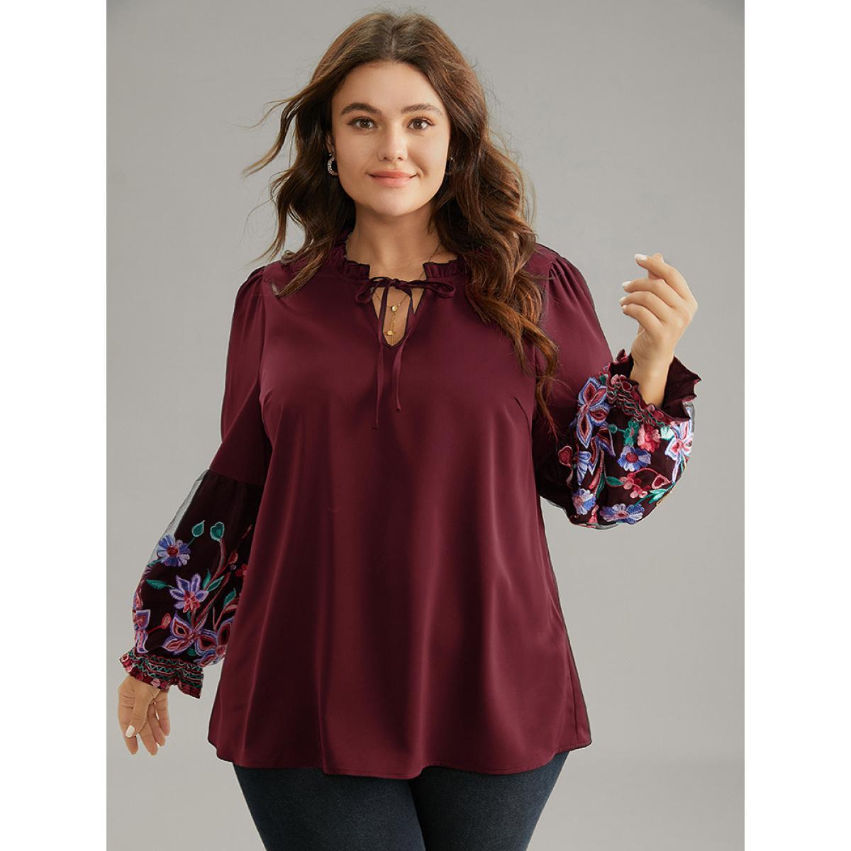 Plus Size Scarlet Floral Embroidered Mesh Tie Neck Ruffles Blouse Women Elegant Long Sleeve Tie Neck Party Blouses BloomChic 26/4X Product Image