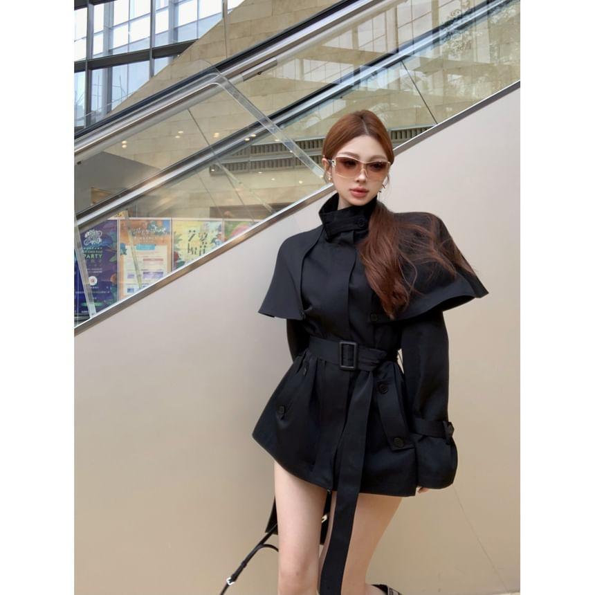 Stand Collar Plain Belted Trench Coat Product Image