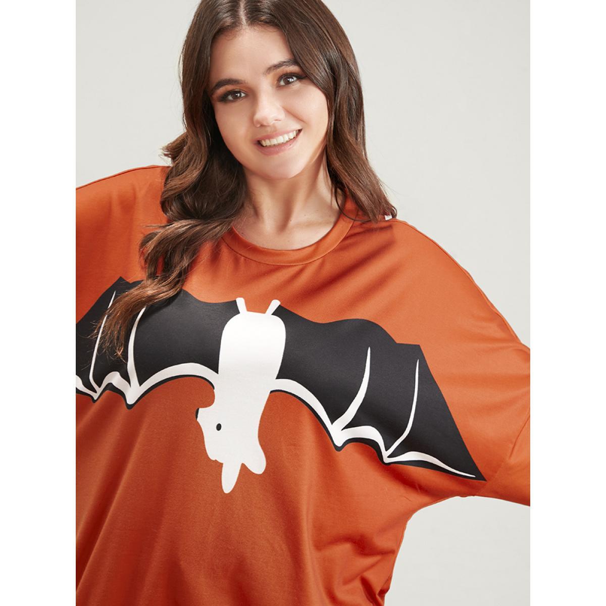 Plus Size Halloween Bat Print Round Neck Drop Shoulder Sweatshirt Women Orange Casual Printed Round Neck Festival-Halloween Sweatshirts BloomChic 28/5X Product Image