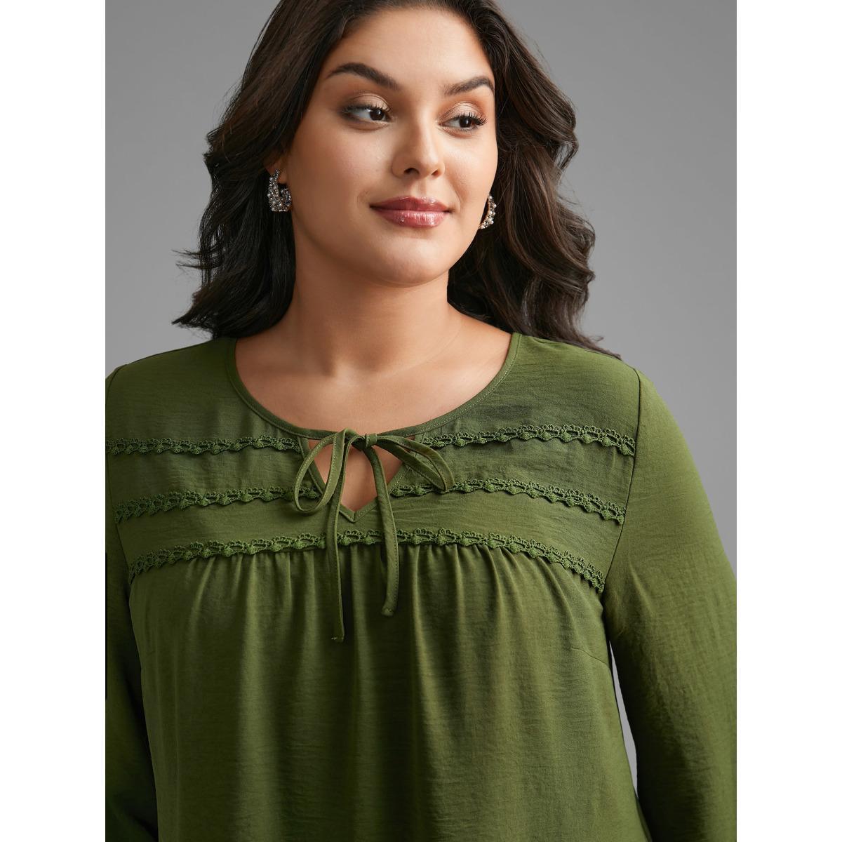 Plus Size ArmyGreen Woven Ribbon Tie Knot Gathered Blouse Women Elegant Elbow-length sleeve V-neck Everyday Blouses BloomChic 12/L Product Image
