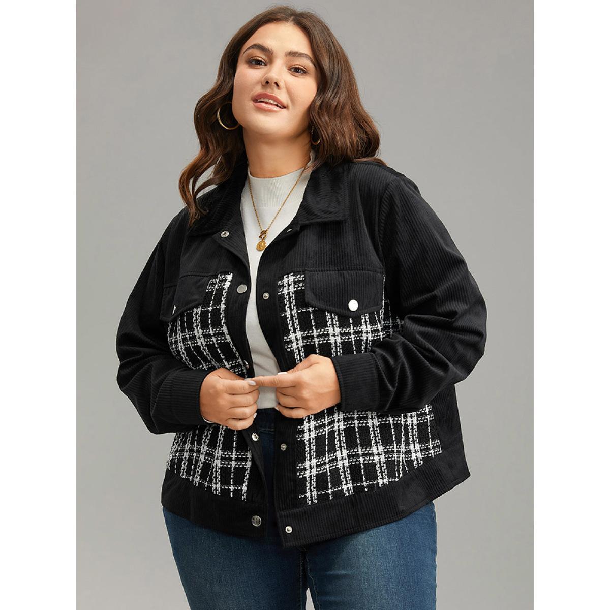 Plus Size Plaid Metal Detail Patchwork Shacket Women Black Elegant Texture Ladies Everyday Winter Coats BloomChic 14-16/1X Product Image