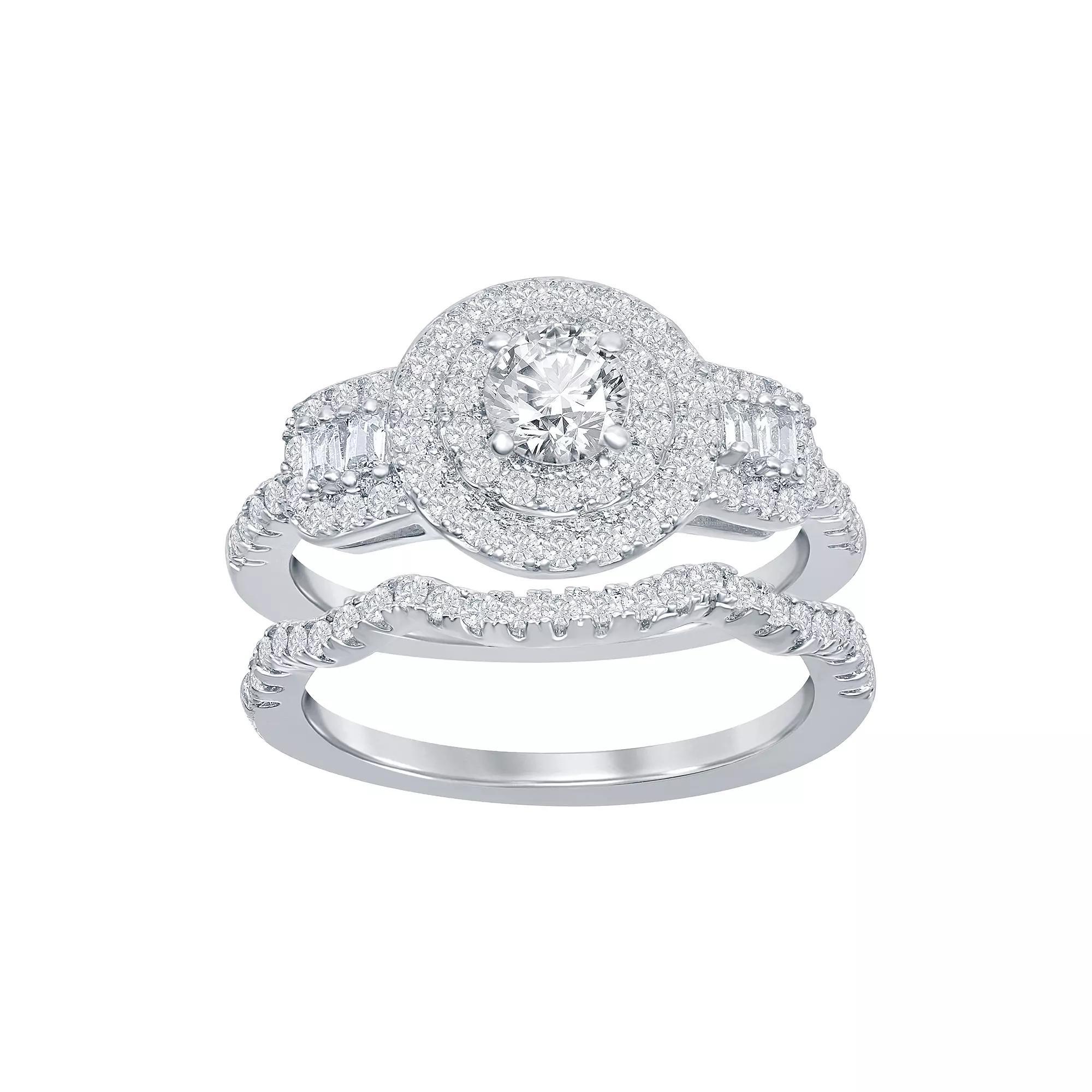 Sterling Silver Cubic Zirconia Halo Engagement Ring Set, Women's, Size: 9 Product Image