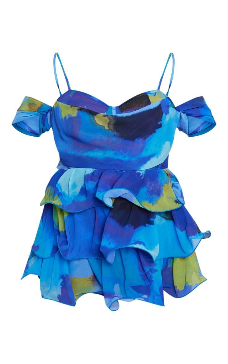 Blue Watercolour Print Chiffon Bardot Frill Detail Romper Product Image