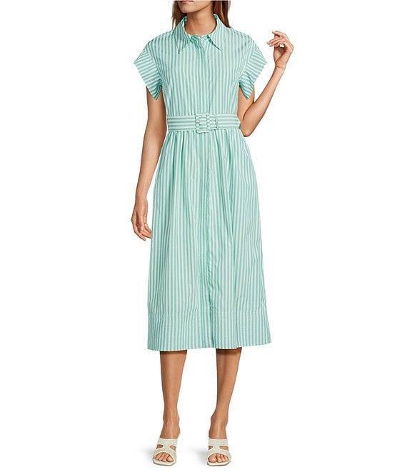 Abbey Glass Harper Stripe Print Button Down Collar Short Sleeve Poplin Midi Dress Product Image