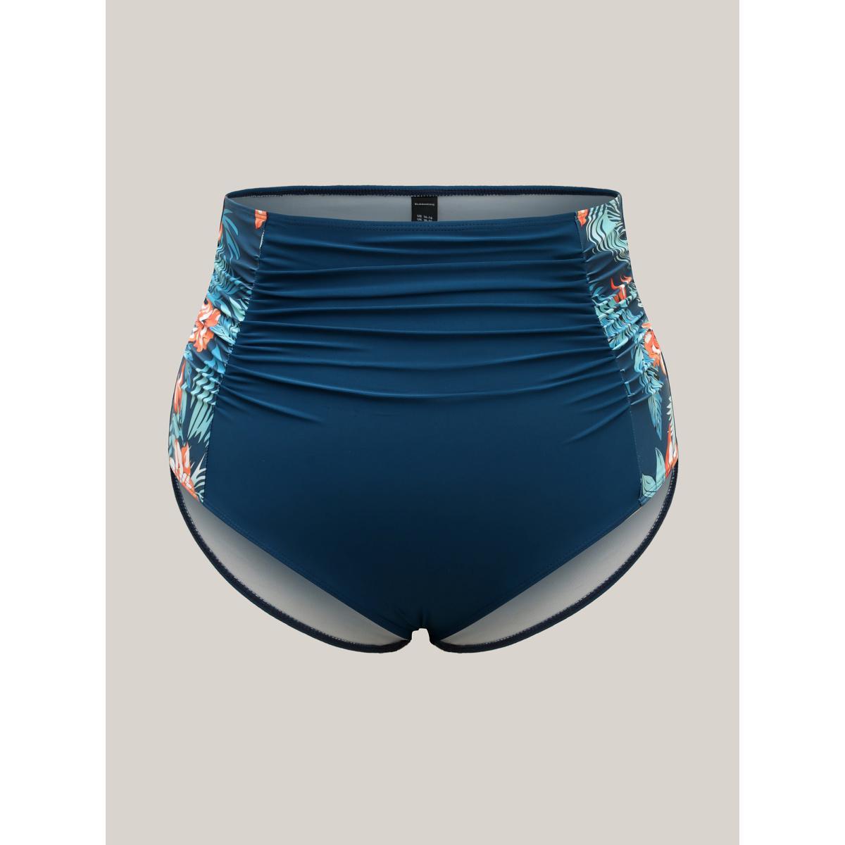 Plus Size Tropical Print Ruched Swim Bottoms Women's Swimwear Indigo Beach Gathered High stretch Skinny High Rise Curve Swim Bottoms BloomChic 18-20/2X Product Image
