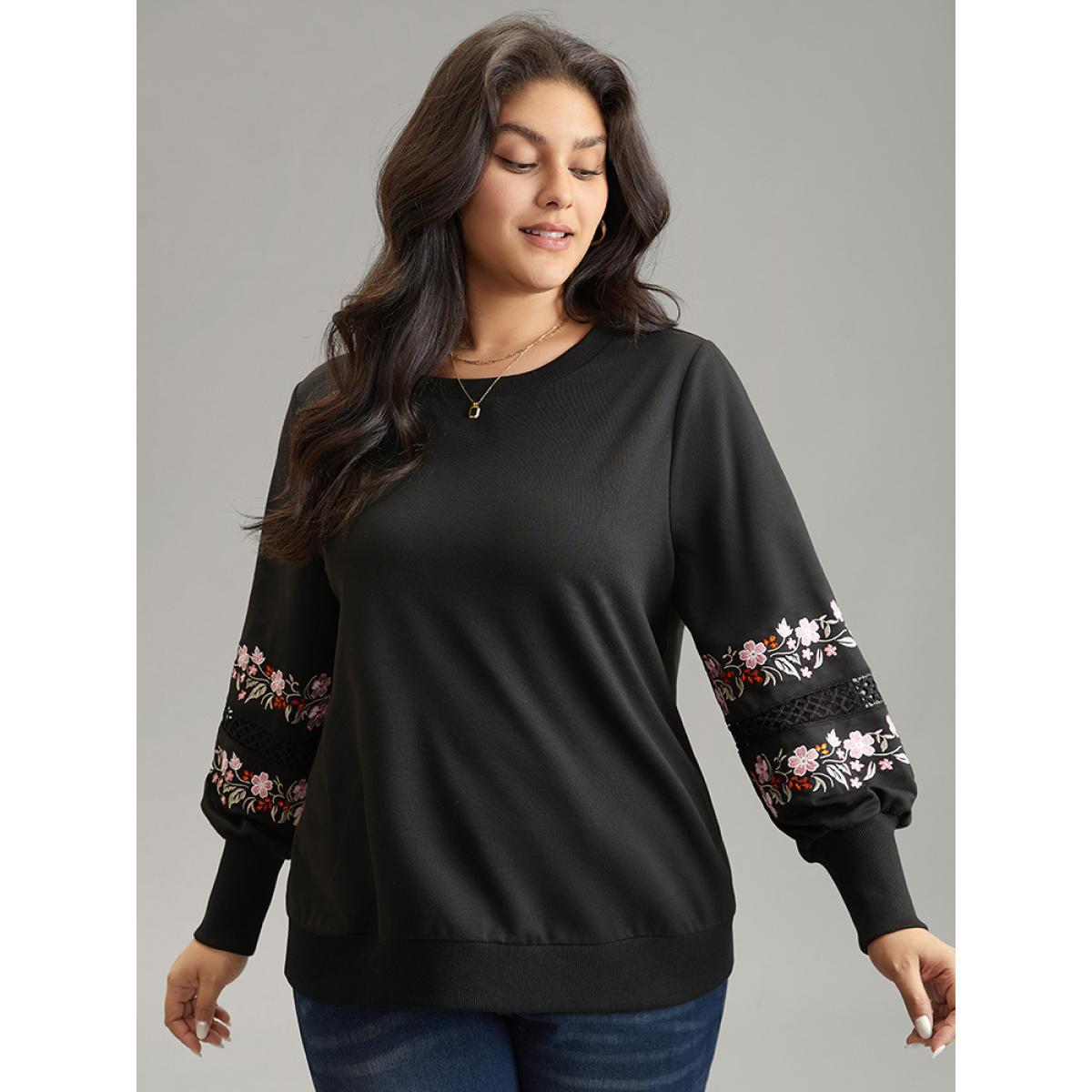Plus Size Floral Embroidered Lace Insert Sweatshirt Women Black Elegant Lace Round Neck Dailywear Sweatshirts BloomChic 22-24/3X Product Image