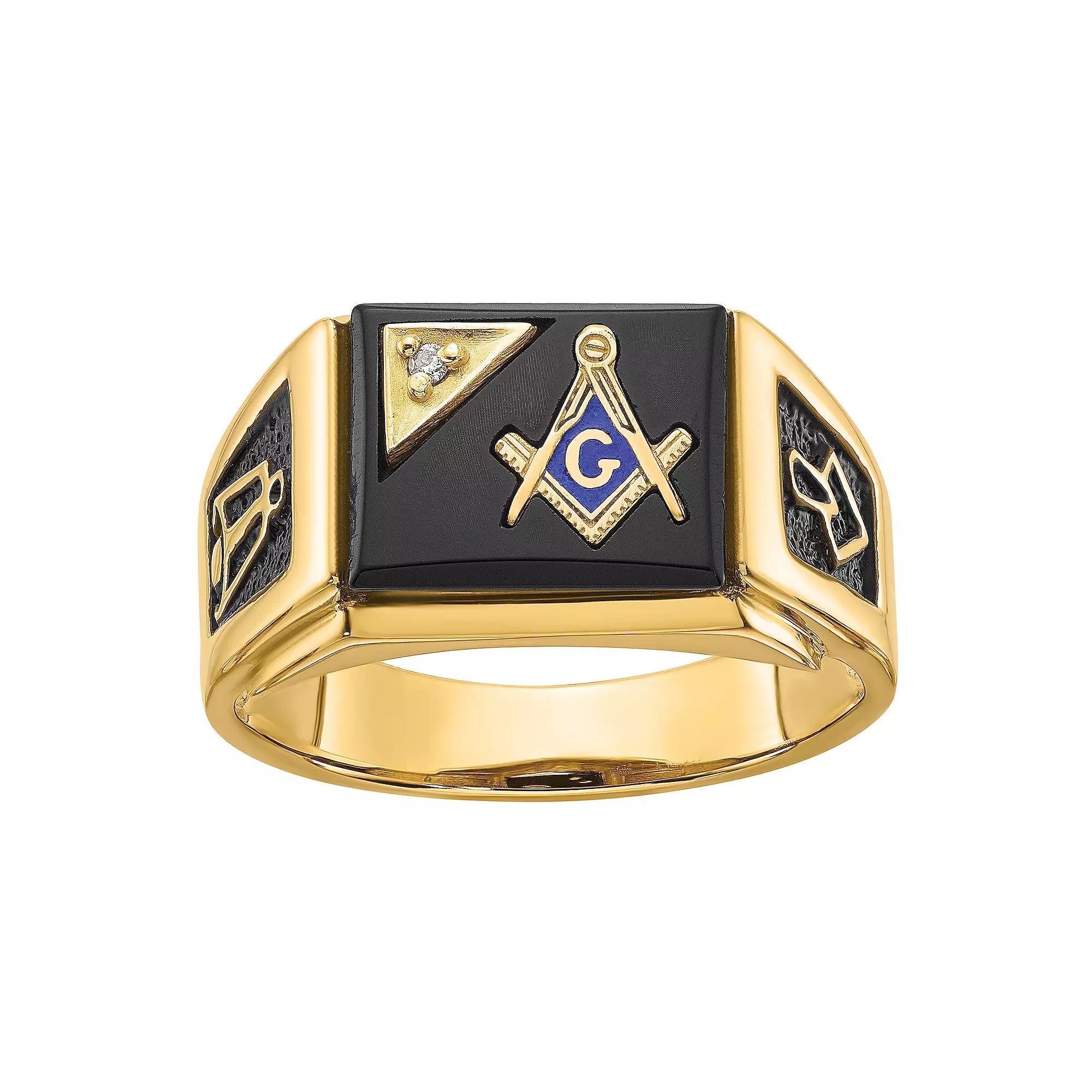 Masonic Collection Mens 14k Gold Black Enamel, Onyx & 1/10 Carat T.W. Diamond Masonic Ring Product Image