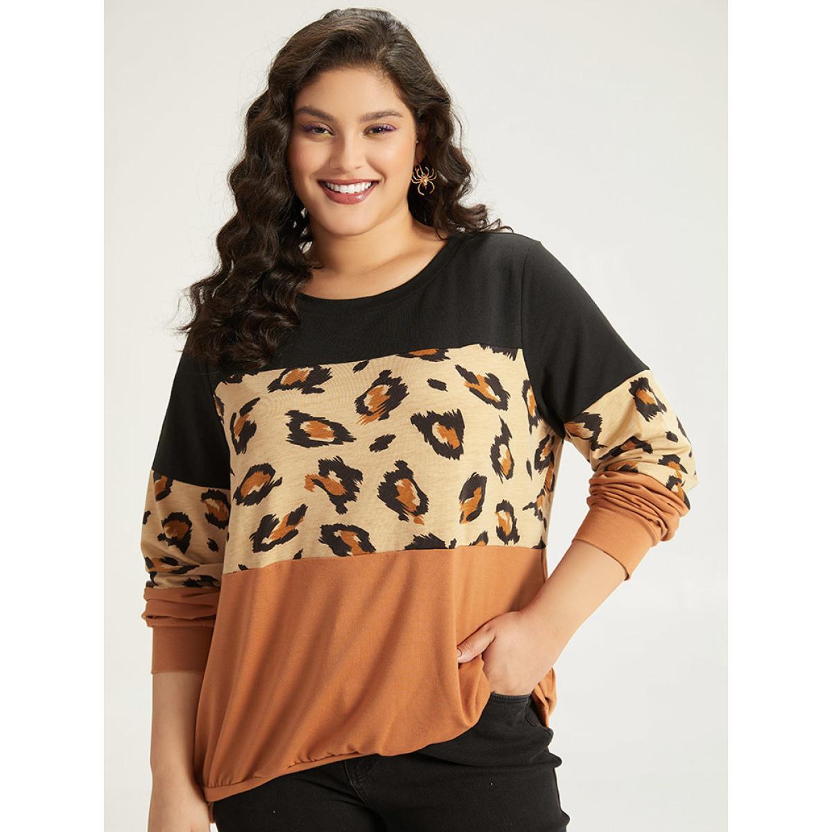 Plus Size Halloween Leopard Patchwork Contrast Sweatshirt Women Multicolor Casual Contrast Round Neck Festival-Halloween Sweatshirts BloomChic 18-20/2X Product Image