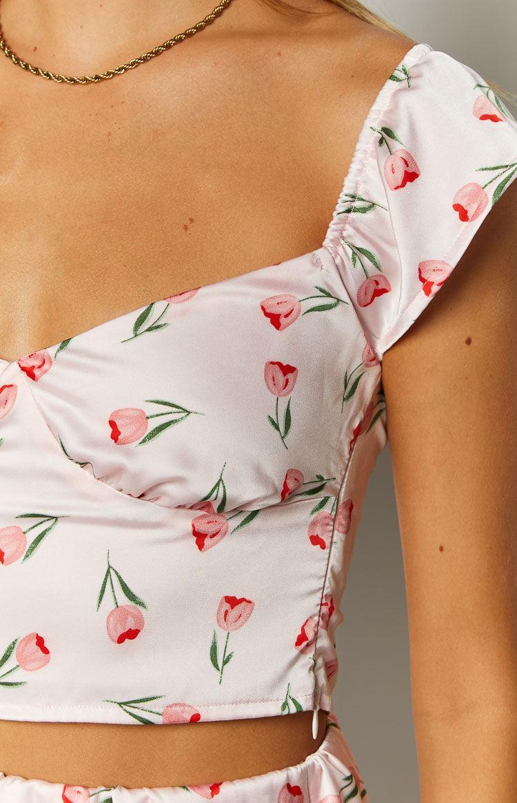Maeva Pink Satin Tulip Print Top Product Image