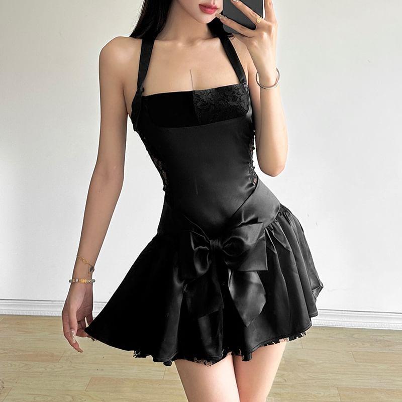 Halter Neck Bow Accent Plain Mini A-Line Dress Product Image