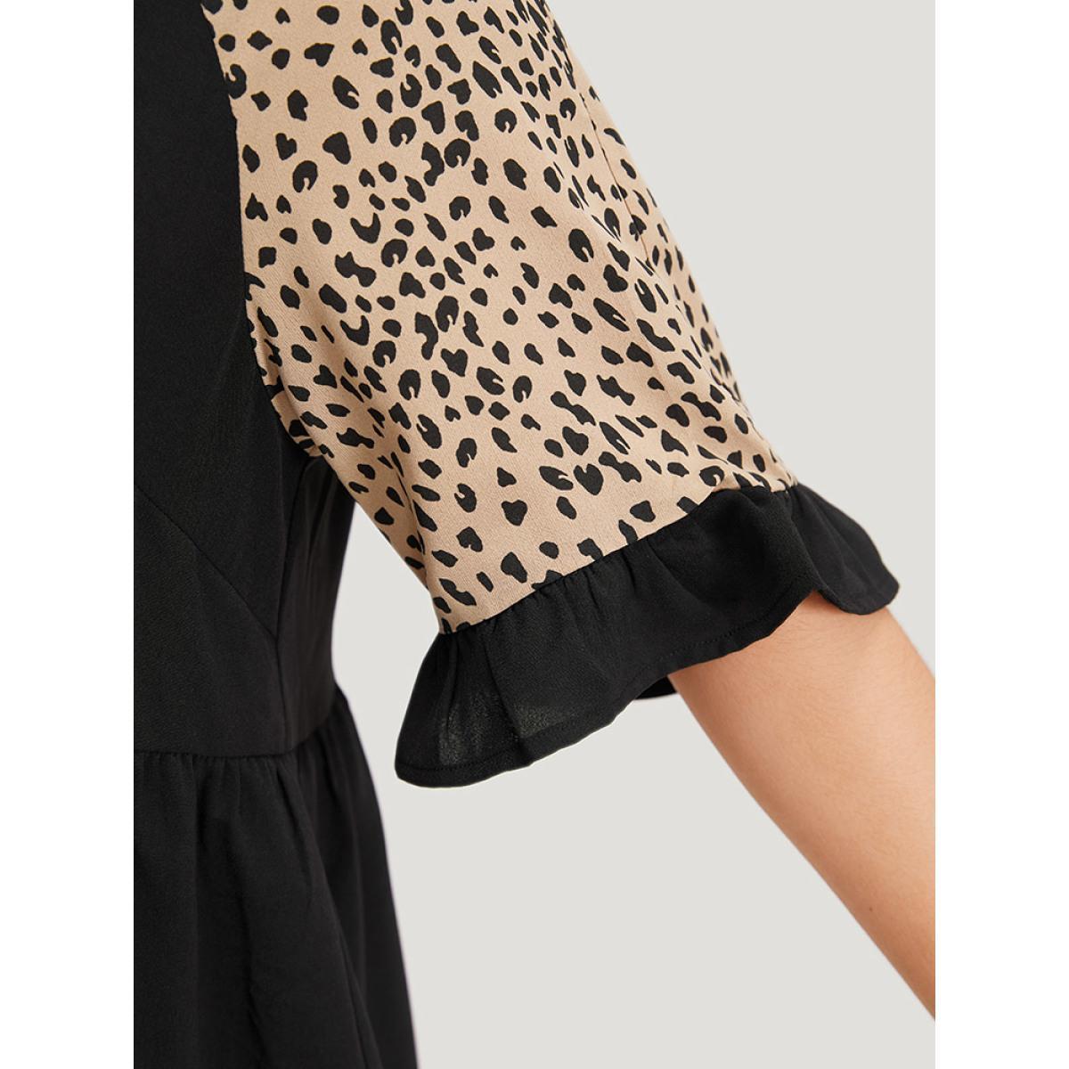 Plus Size Multicolor Leopard Print Raglan Sleeve Gathered Ruffle Trim Blouse Women Elegant Half Sleeve V-neck Dailywear Blouses BloomChic 10/M Product Image