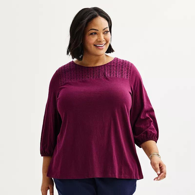 Plus Size Croft & Barrow® Eyelet Yoke 3/4-Sleeve Top, Women's, Size: 0X, Clear Blue Product Image