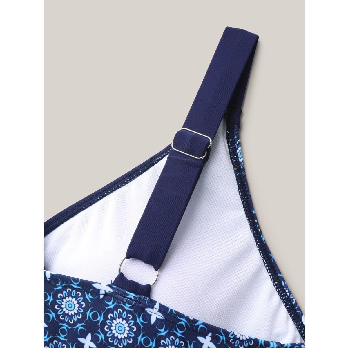 Plus Size Boho Print Spliced Surplice Neck Swim Dress Women's Swimwear Indigo Beach Bodycon Overlap Collar High stretch Curve Swim Dresses BloomChic 10/M Product Image