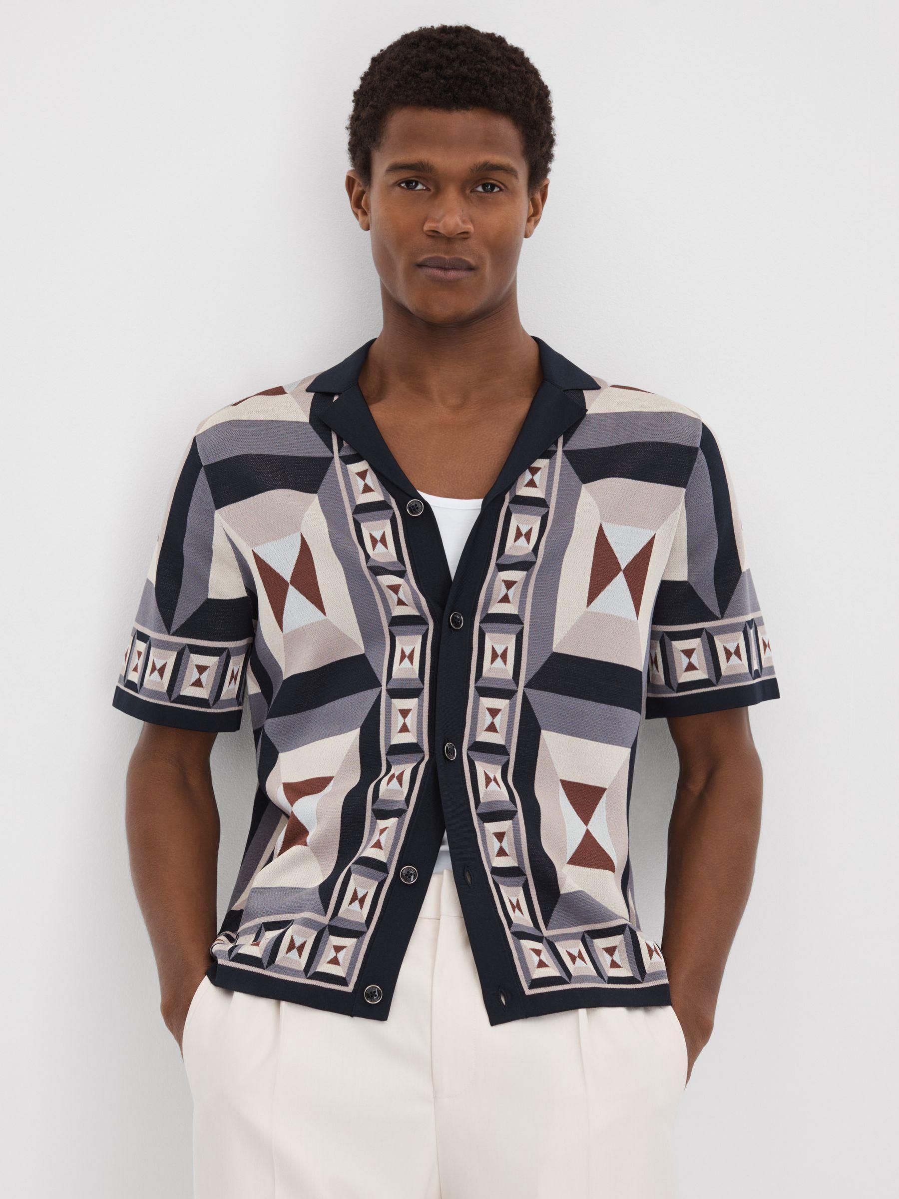Knitted Cuban Collar Shirt in Blue Multi Product Image