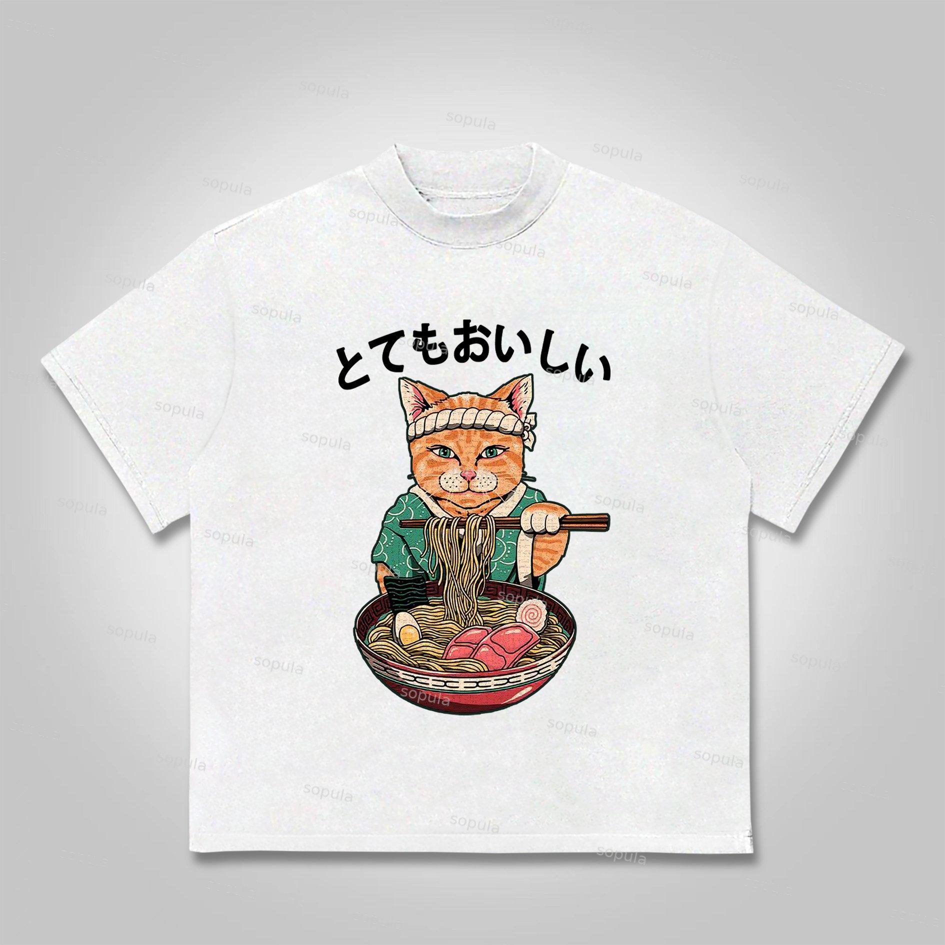 Sopula Cats Eat Ramen Noodles Print Cotton T-Shirt Product Image