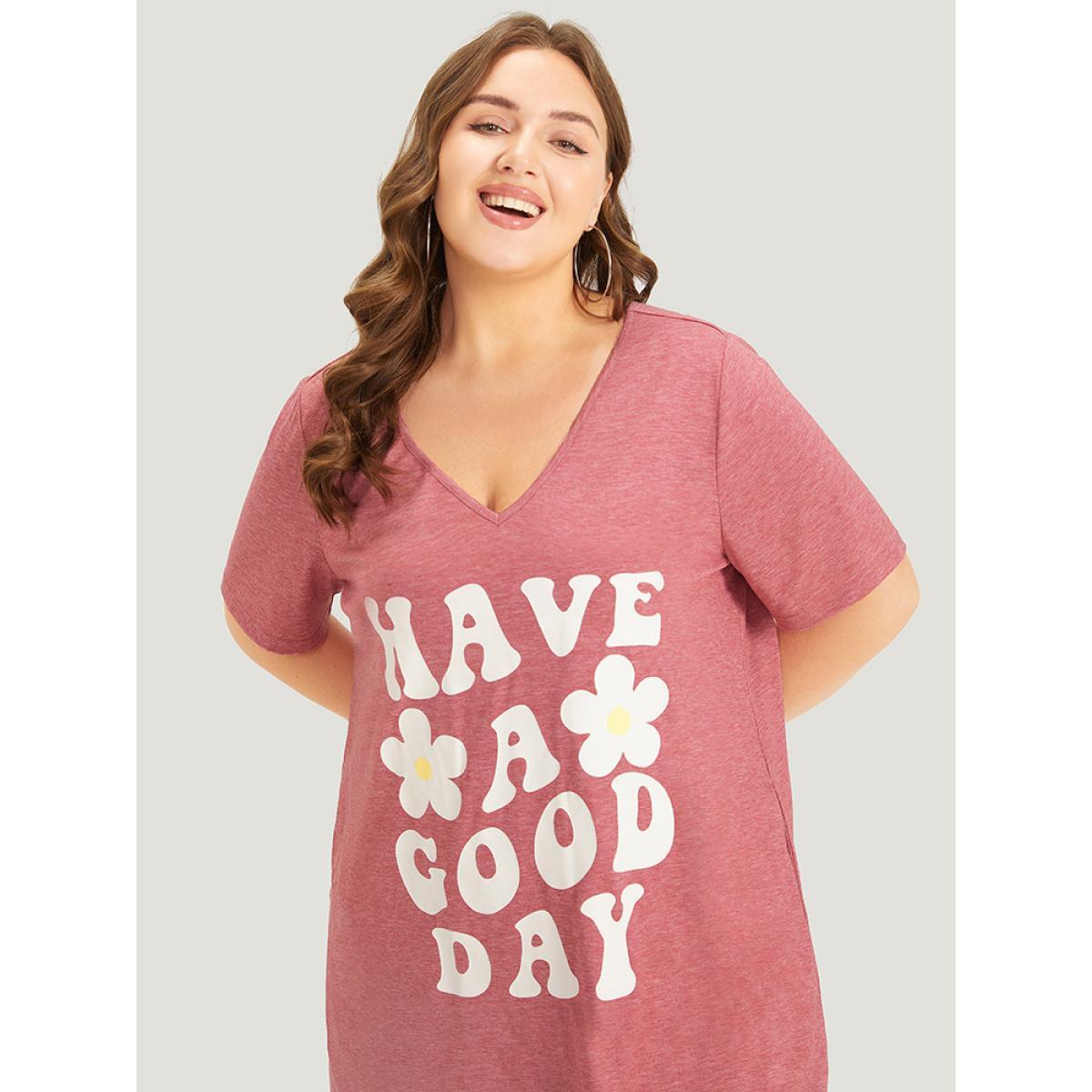 Plus Size Supersoft Essentials Letter & Floral Print V Neck Curved Hem Dress DustyPink Women Casual Plain Curvy Midi Dress BloomChic 14-16/1X Product Image