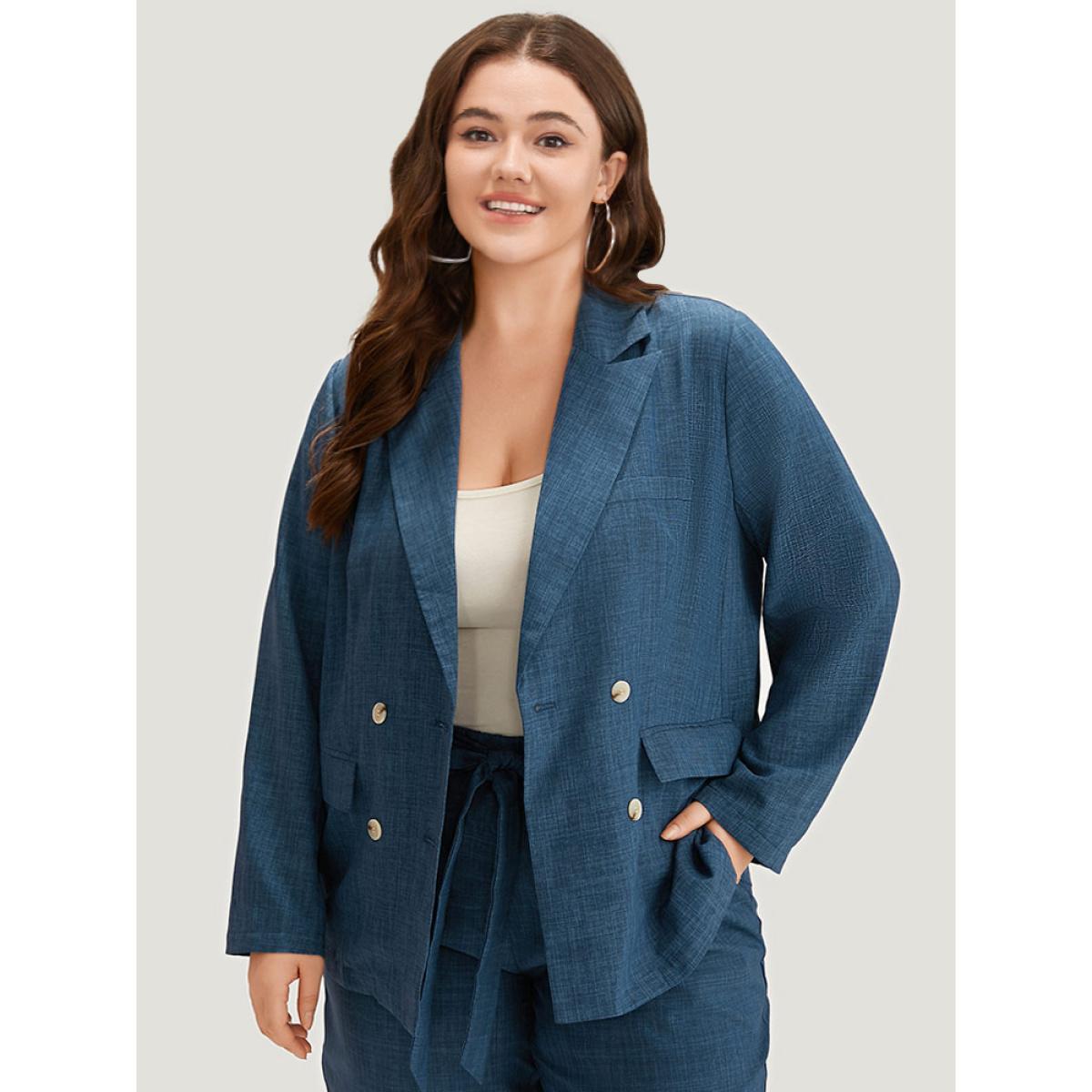 Plus Size Solid Double Breasted Suit Collar Flap Pocket Blazer Indigo Women Work Plain Texture Sleeve Long Sleeve Suit Collar 26/4X Pocket At the Office Blazers BloomChic Product Image