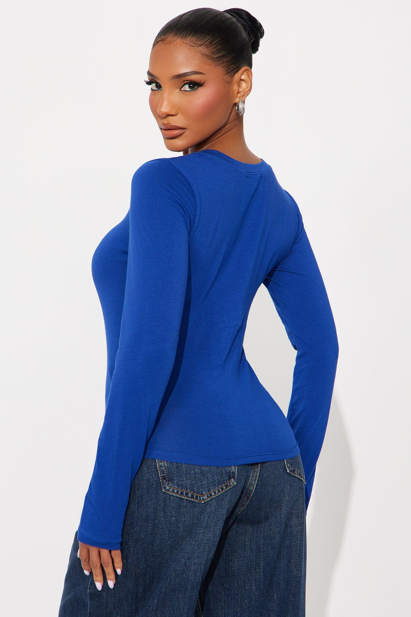 Elise Round Neck Long Sleeve Top - Blue Product Image