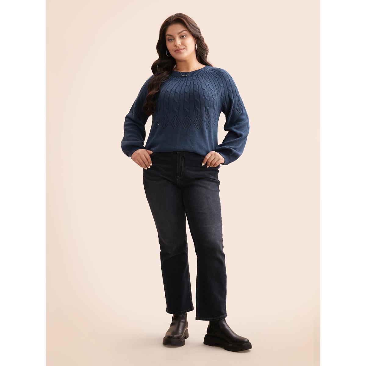 Plus Size Texture Cable Knit Lantern Sleeve Pullover Indigo Women Casual Loose Long Sleeve Round Neck Everyday Pullovers BloomChic 28/5X Product Image