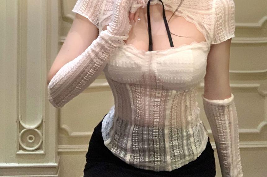 Set: Short-Sleeve Stand Collar Bow Accent Cutout Lace Slim Fit Crop Top + Long Gloves Product Image