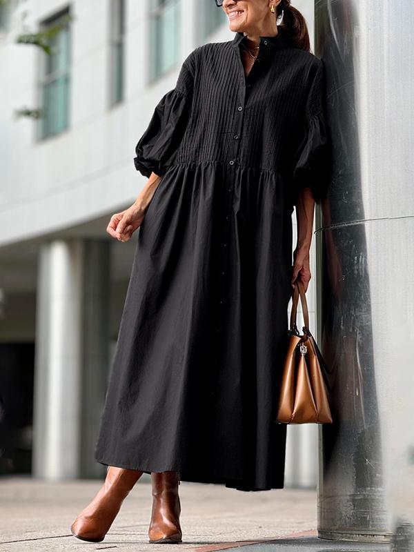 Half Sleeves Loose Buttoned Pleated Solid Color Tied Waist Stand Collar Maxi Dresses Product Image