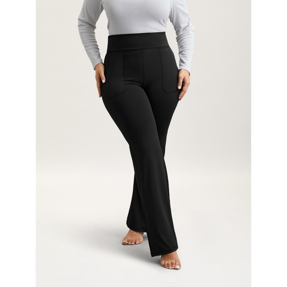 Plus Size Ruched Wide Waist Pockets Tight Pants Women Black Elegant High stretch Bootcut Mid Rise Everyday Leggings BloomChic 26/4X Product Image