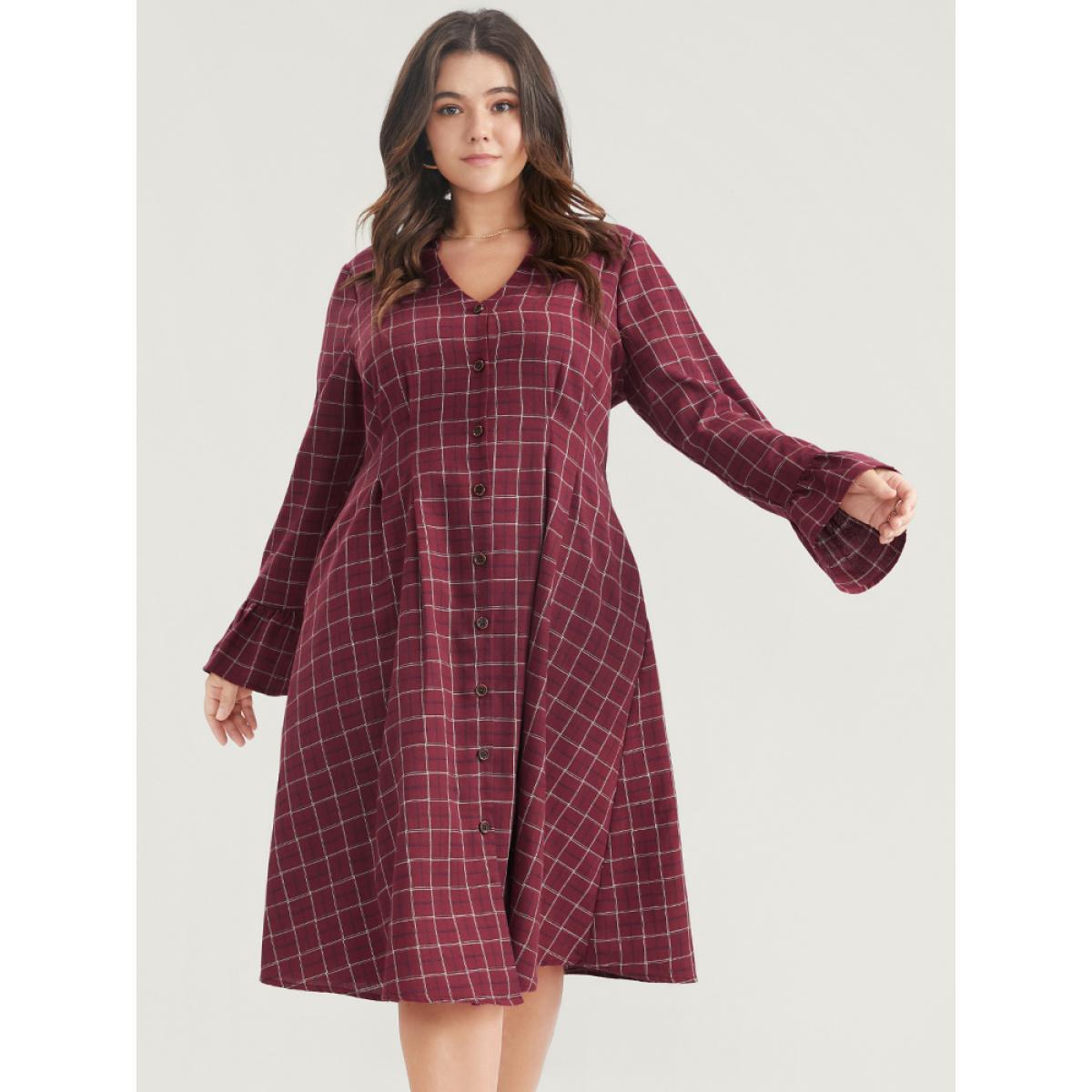 Plus Size Gingham Pocket Button Up Bell Sleeve V Neck Dress Without Belt Russet Women Office Button V-neck Long Sleeve Curvy Midi Dress BloomChic 18-20/2X Product Image