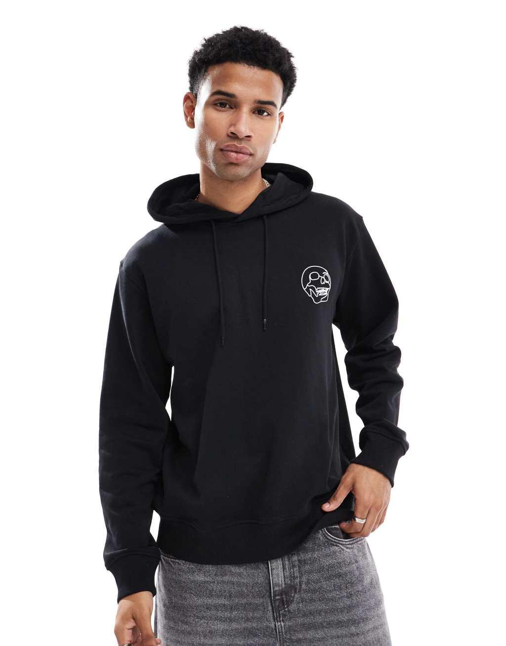 Jack & Jones oversized skull back print hoodie in black Product Image
