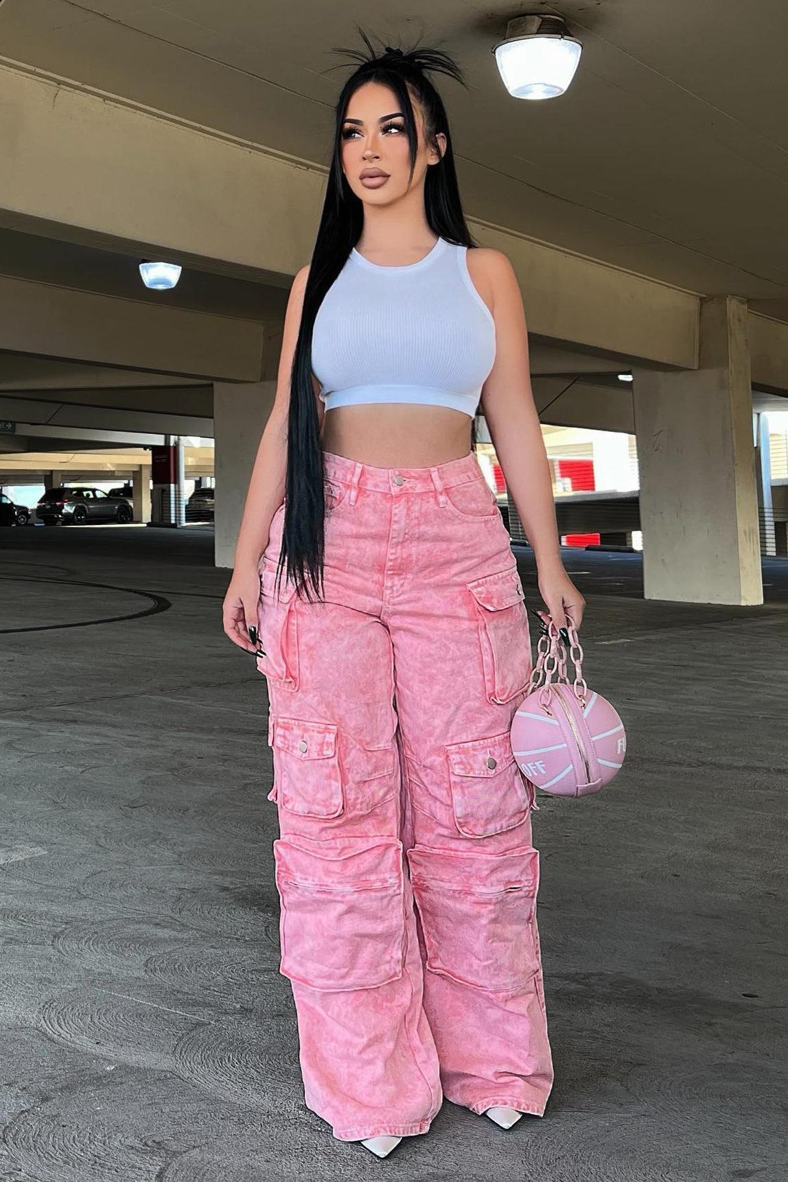 Lily High Rise Cargo Jeans - Pink Product Image