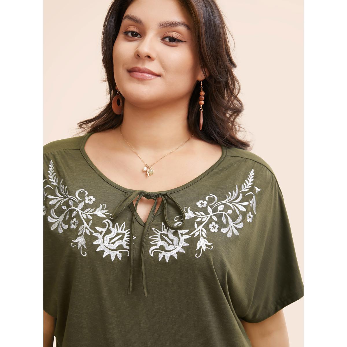 Plus Size Floral Embroidered Tie Knot Dolman Sleeve T-shirt ArmyGreen Women Resort Tie knot Art&design V-neck Vacation T-shirts BloomChic 18-20/2X Product Image
