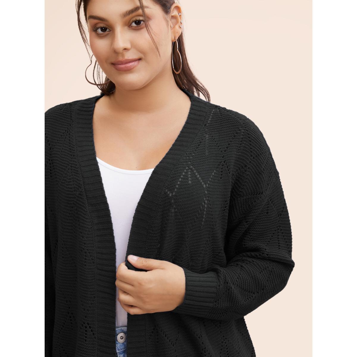 Plus Size Geometric Hollow Out Open Front Cardigan Black Women Casual Loose Long Sleeve Everyday Cardigans BloomChic 18-20/2X Product Image
