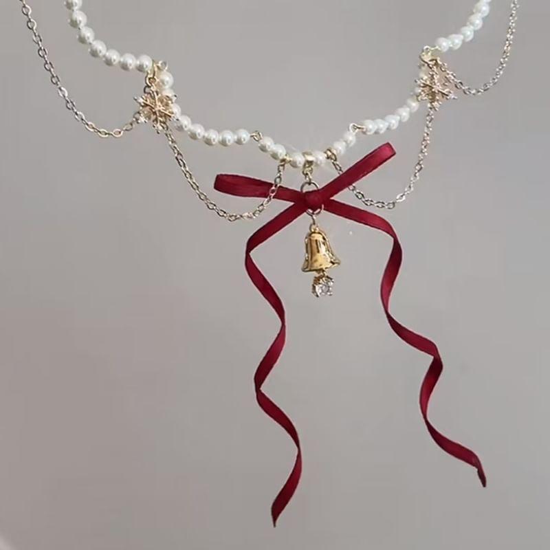 Ribbon Bell Pendant Layered Faux Pearl Alloy Necklace Product Image