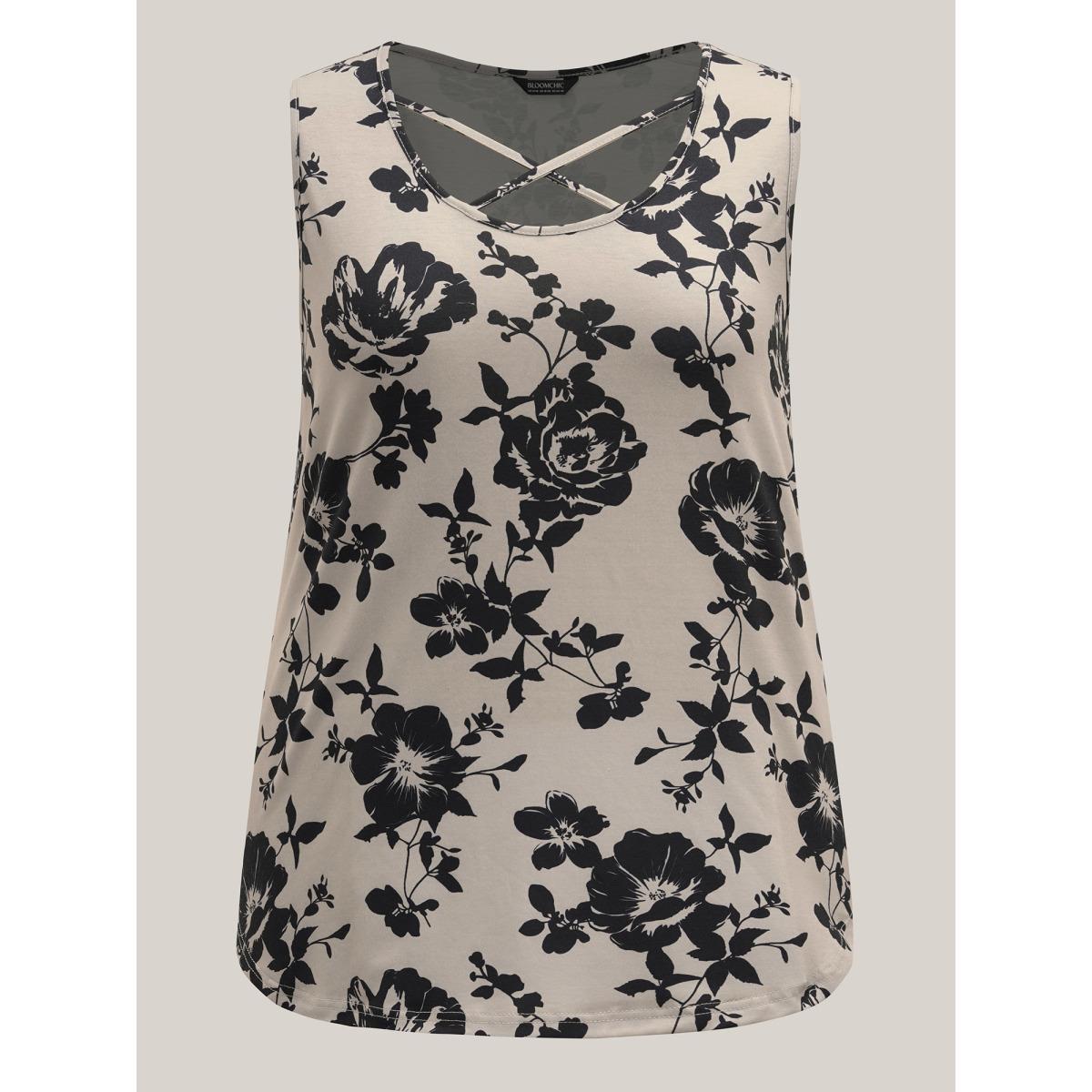 Plus Size Rosy Print Neck-Tie Fitted Vest Women Multicolor Elegant Contrast U-neck Everyday Tank Tops Camis BloomChic 30/6X Product Image
