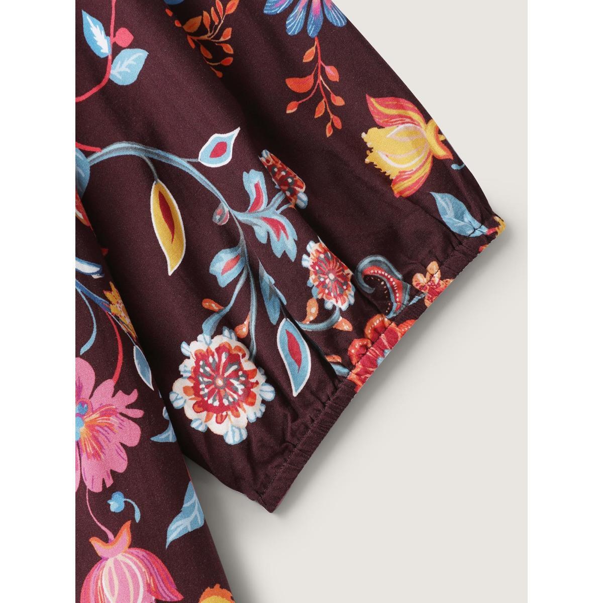 Plus Size Rayon Boho Floral Placket Midi Dress Deeppurplered Women V-neck Elbow-length sleeve Curvy BloomChic 26/4X Product Image
