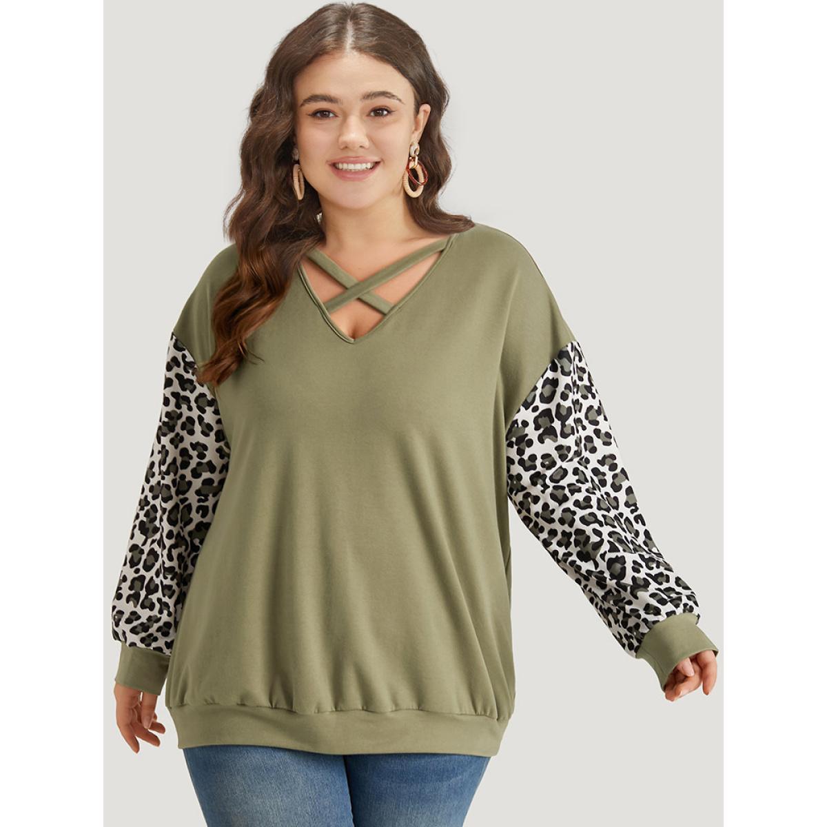Plus Size Leopard Patchwork Crisscross Neck Elastic Cuffs Sweatshirt Women Sage Casual Elastic cuffs V-neck Dailywear Sweatshirts BloomChic 22-24/3X Product Image