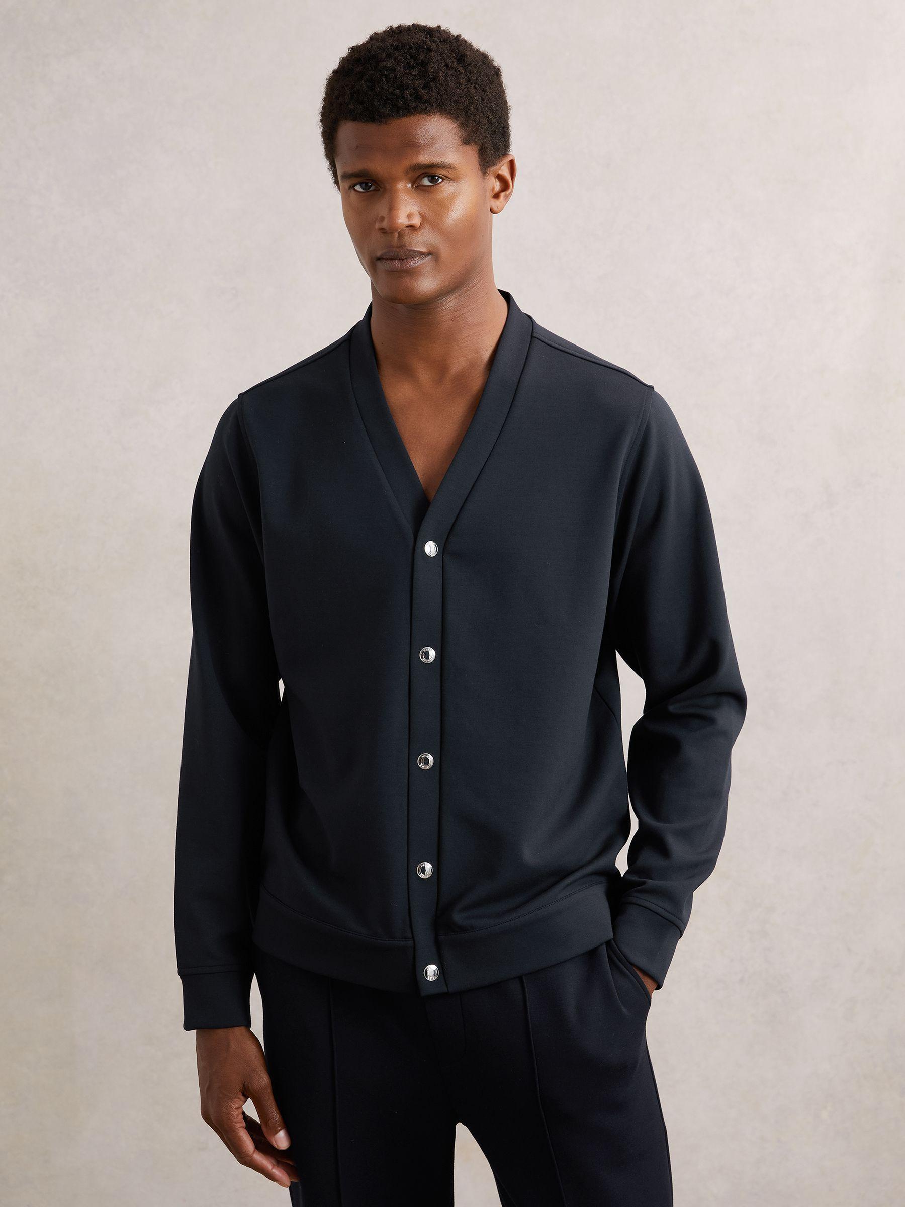 V-Neck Interlock Jersey Cardigan in Navy Product Image
